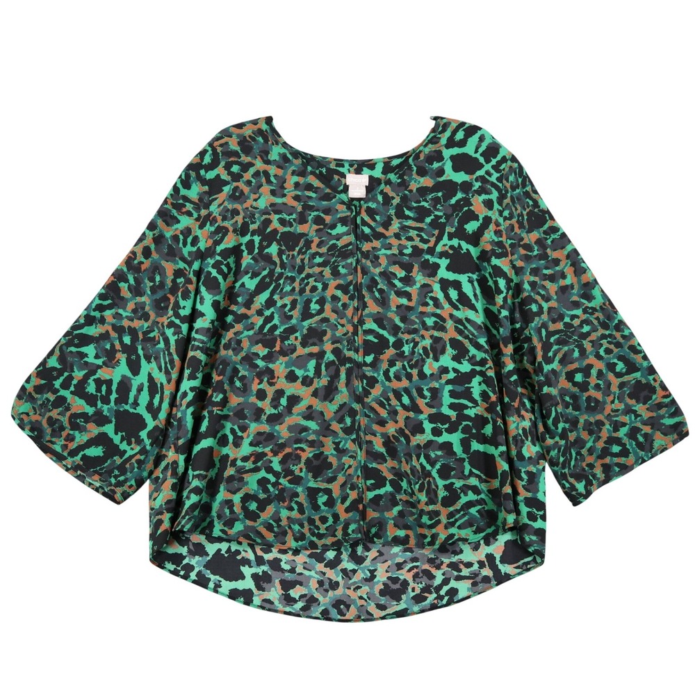 Chicos Leopard‎ Print Blouse Women 16 Green Split Sleeve Business Office Chic